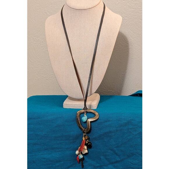 Artisan Cord with Heart, Stone, Tassel, Key and Other Charms Cluster Necklace - Picture 1 of 8